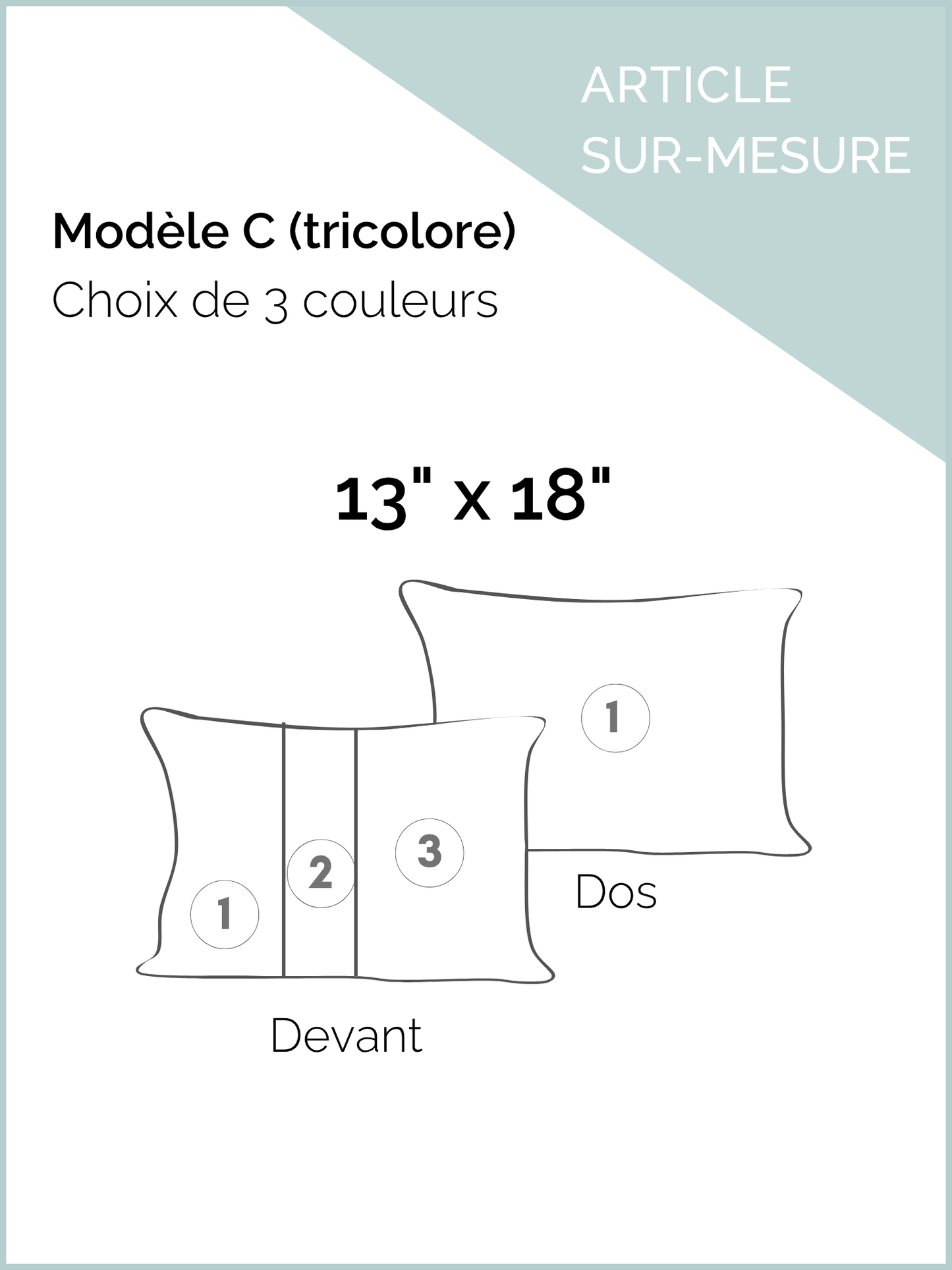 Housse de coussin PUR LIN - 13"x18" - Modèle C (tricolore) * SUR-MESURE